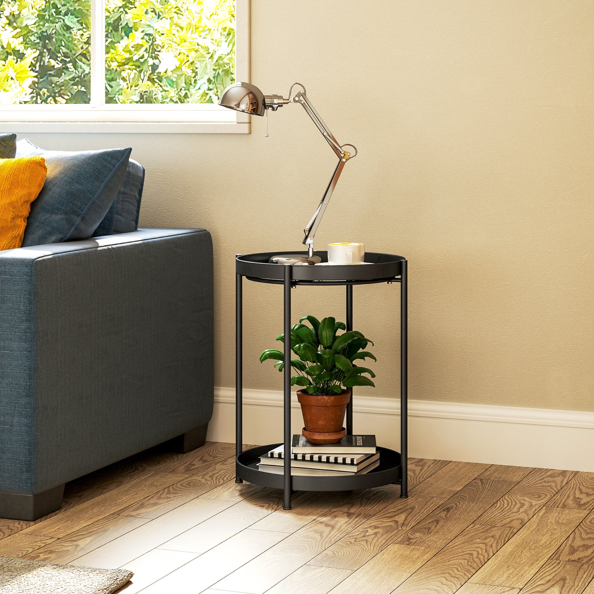 Side Table Round Coffee Table with 2 Shelves, Living Room Table made of Steel, Bedside Table Side Table Coffee Table for Living Room Bedroom 44 x 44 x 56 cm Black