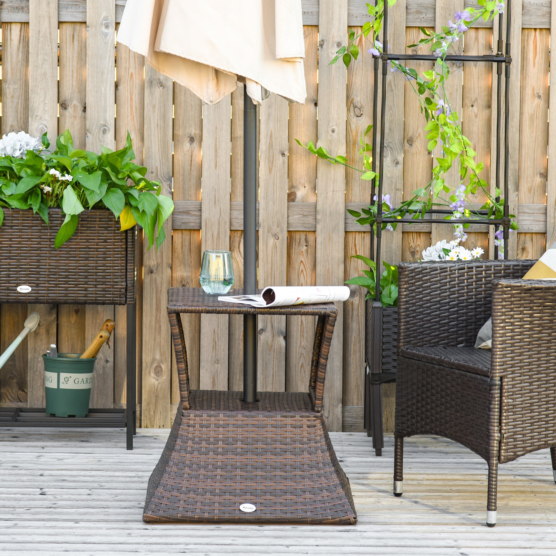 Garden Side Table Umbrella Stand Garden Furniture Terrace Pool Polyrattan Brown 54 x 54 x 55 cm