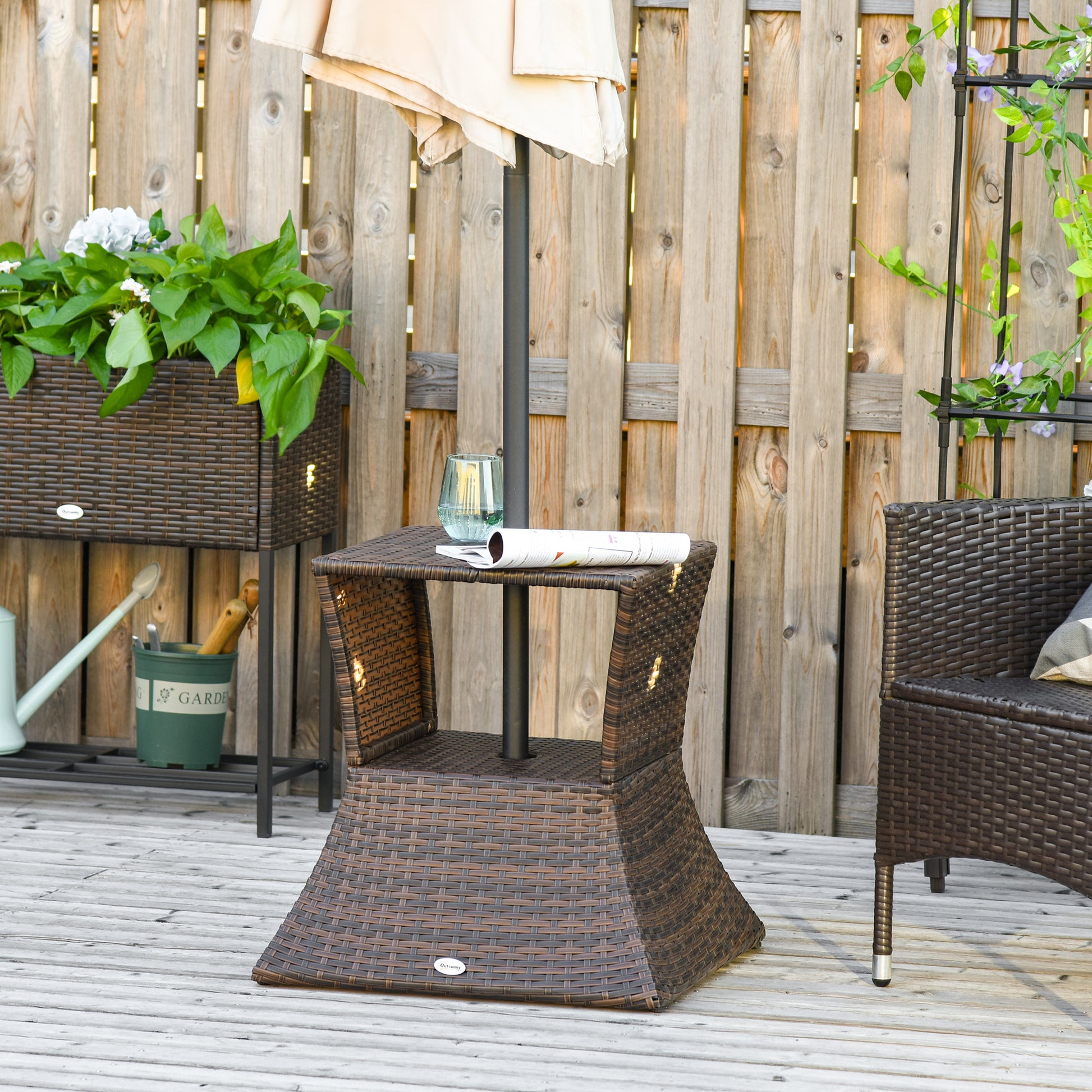 Garden Side Table Umbrella Stand Garden Furniture Terrace Pool Polyrattan Brown 54 x 54 x 55 cm