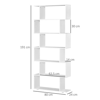Bookcase Shelf 6 Shelves Wood S Shape 80x24x191 cm Shelves White