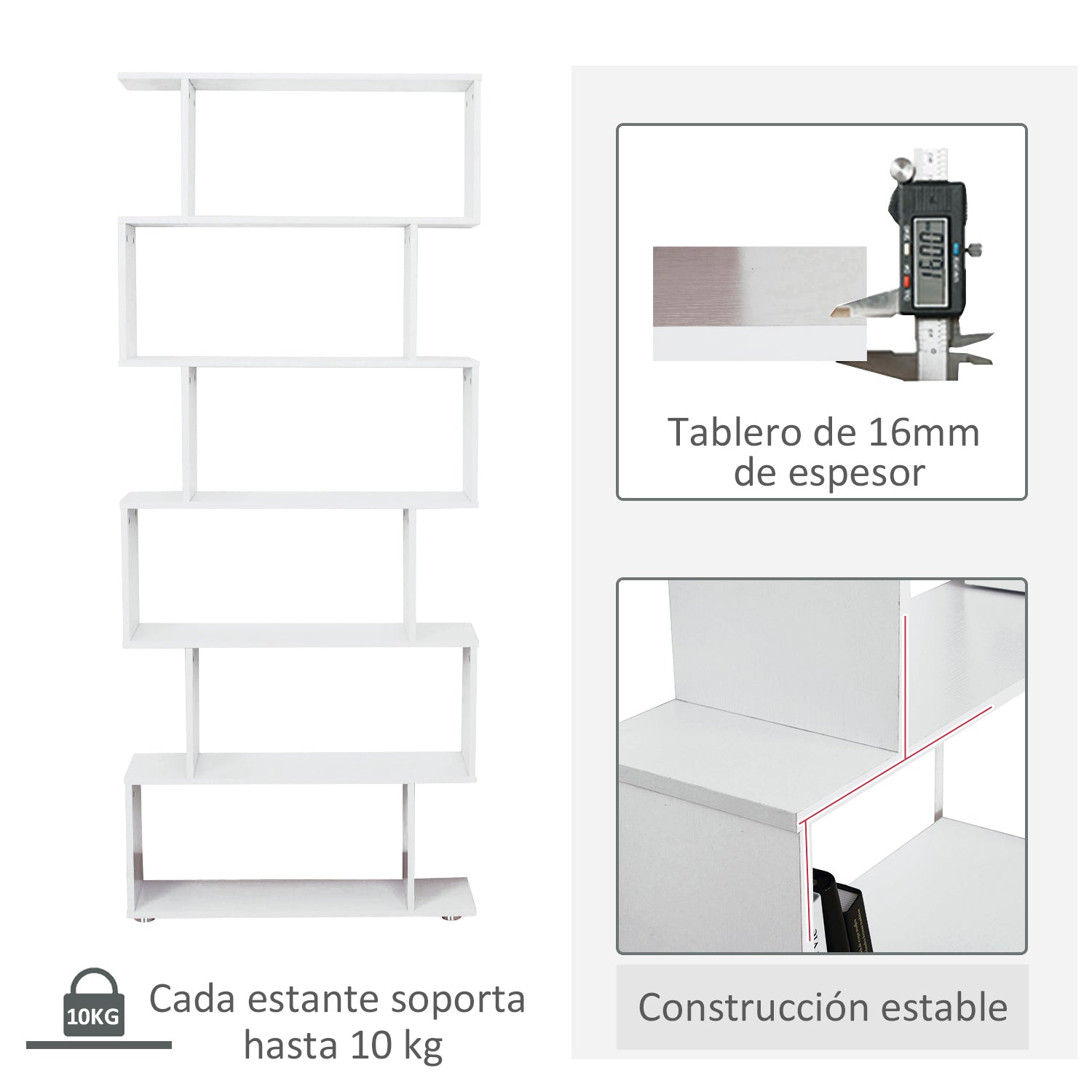 Bookcase Shelf 6 Shelves Wood S Shape 80x24x191 cm Shelves White