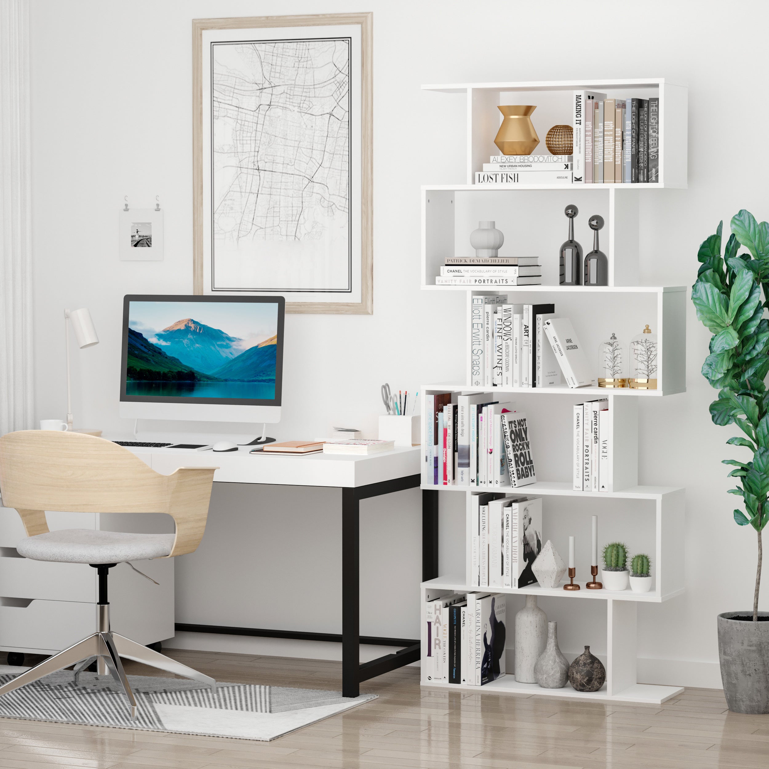 Bookcase Shelf 6 Shelves Wood S Shape 80x24x191 cm Shelves White