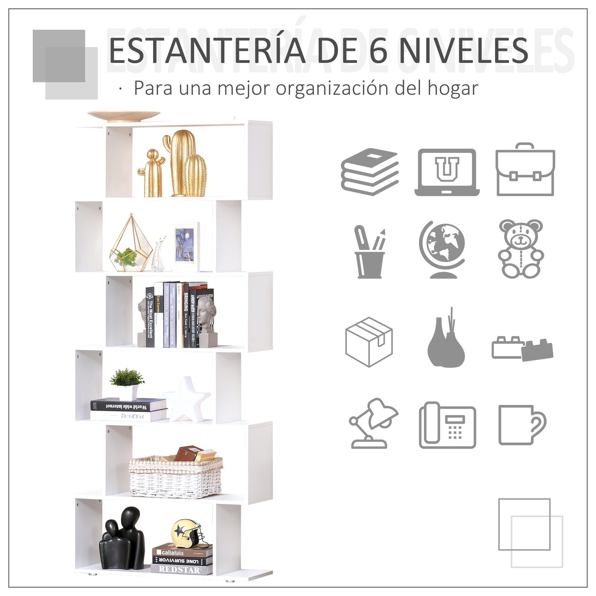 Bookcase Shelf 6 Shelves Wood S Shape 80x24x191 cm Shelves White