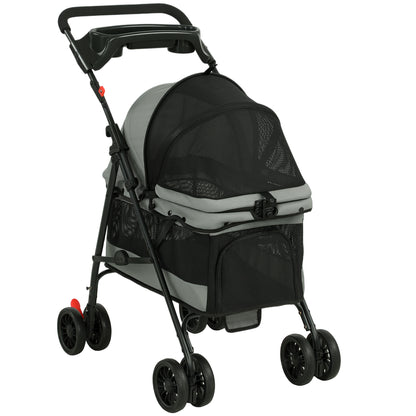 Foldable Pet Stroller for Small Dogs & Cats, Up to 22 lb (10 kg), Lightweight 4-Wheel EVA with Swivel Front & Brakes, Breathable Mesh, Washable Cushion, Tray & Cup Holder, Gray