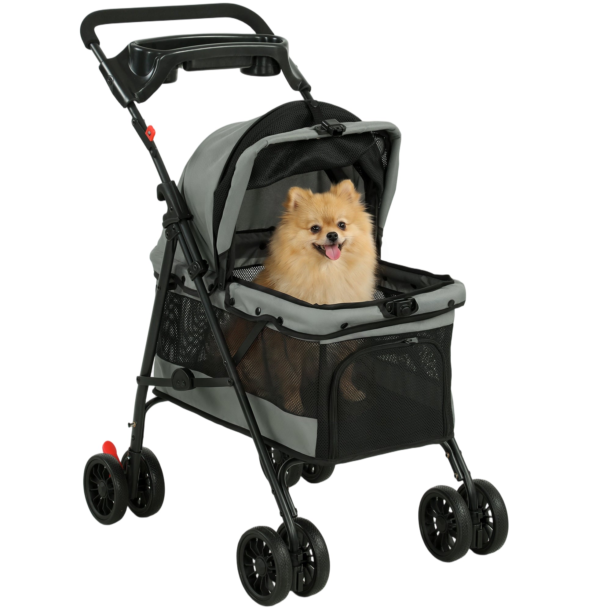 Foldable Pet Stroller for Small Dogs & Cats, Up to 22 lb (10 kg), Lightweight 4-Wheel EVA with Swivel Front & Brakes, Breathable Mesh, Washable Cushion, Tray & Cup Holder, Gray