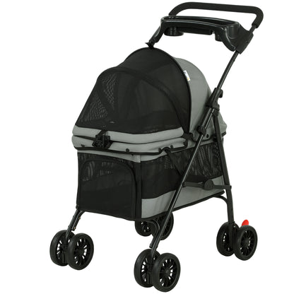 Foldable Pet Stroller for Small Dogs & Cats, Up to 22 lb (10 kg), Lightweight 4-Wheel EVA with Swivel Front & Brakes, Breathable Mesh, Washable Cushion, Tray & Cup Holder, Gray