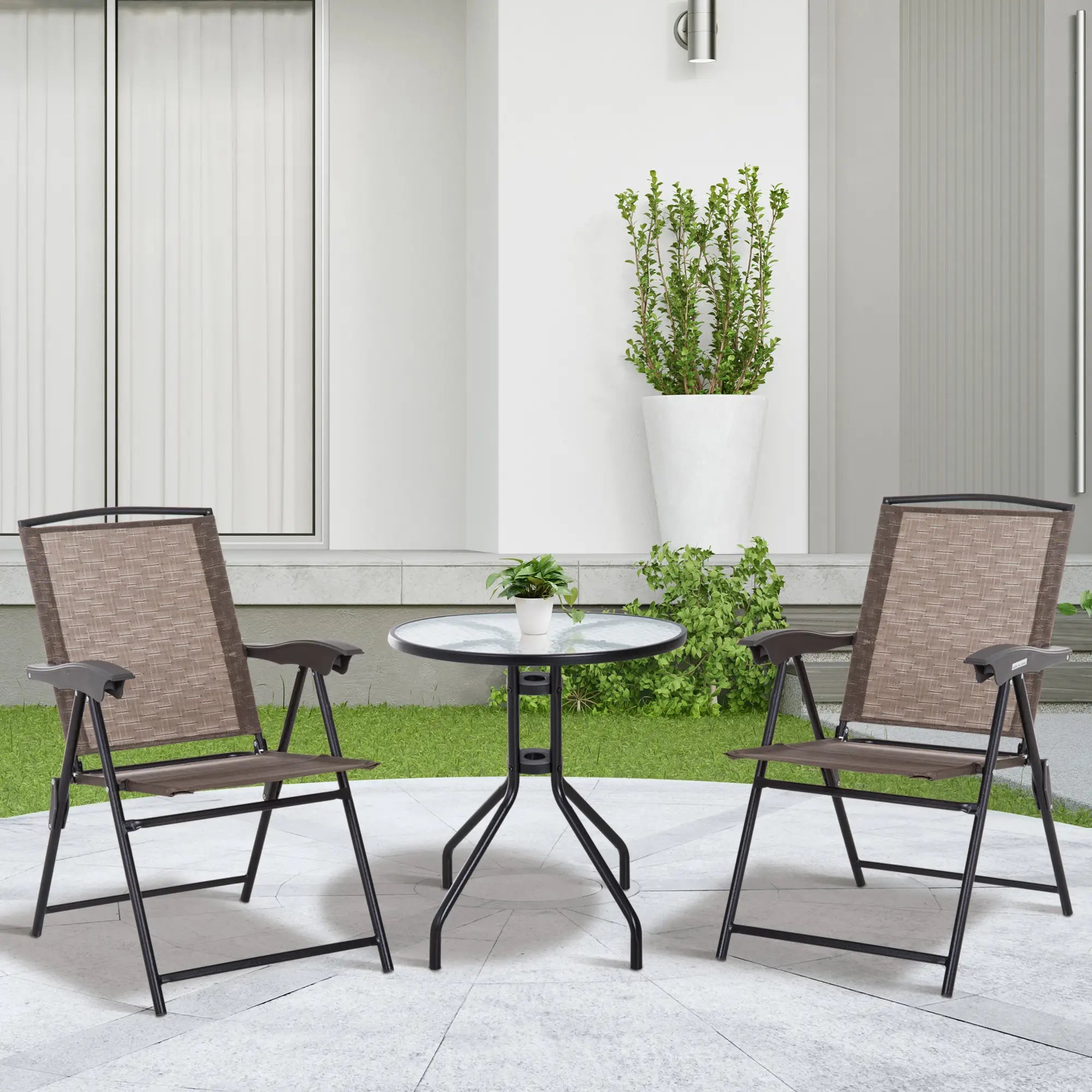 Ensemble de mobilier de jardin Outsunny avec table et 2 chaises pour terrasse extérieure, chaise pliante avec dossier inclinable à 4 niveaux, cadre en acier, marron
