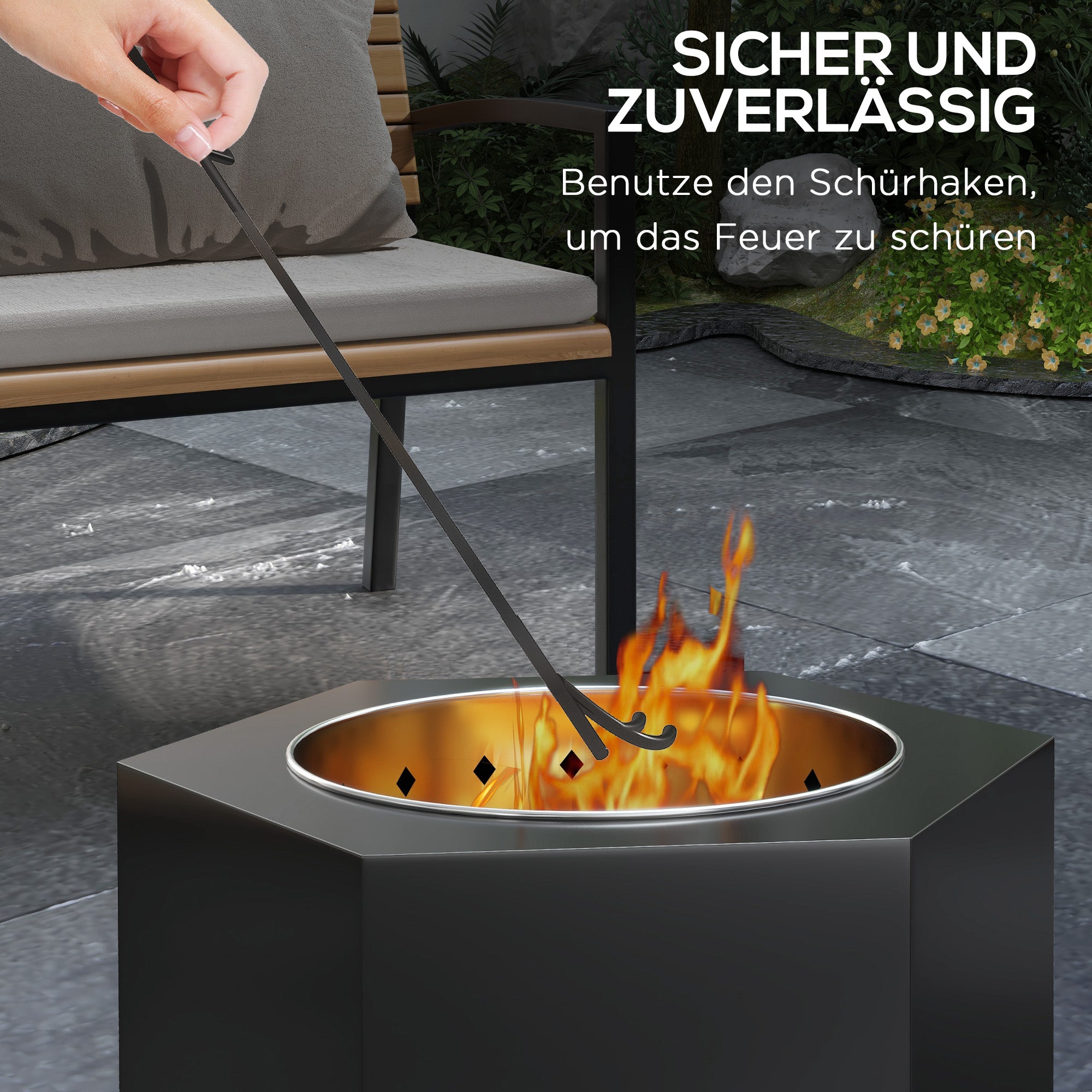 Fire Pit, Smokeless Table Fire, Fire Pit with Poker, Fire Basket for Garden, Camping, Patio, Metal, Black