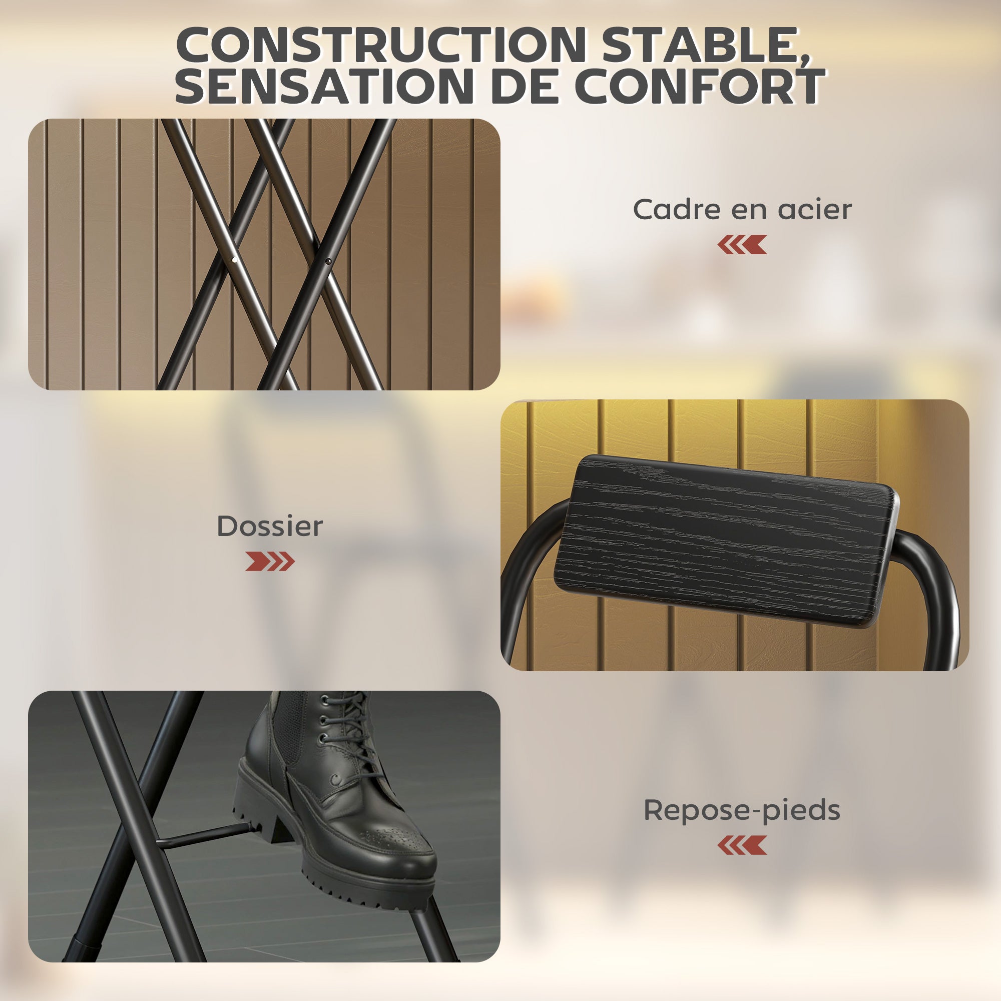 Set of 2 foldable bar stools, bar chairs, high kitchen chairs with backrest and footrest, steel frame, 87 cm high, black