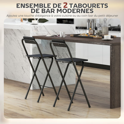 Set of 2 foldable bar stools, bar chairs, high kitchen chairs with backrest and footrest, steel frame, 87 cm high, black