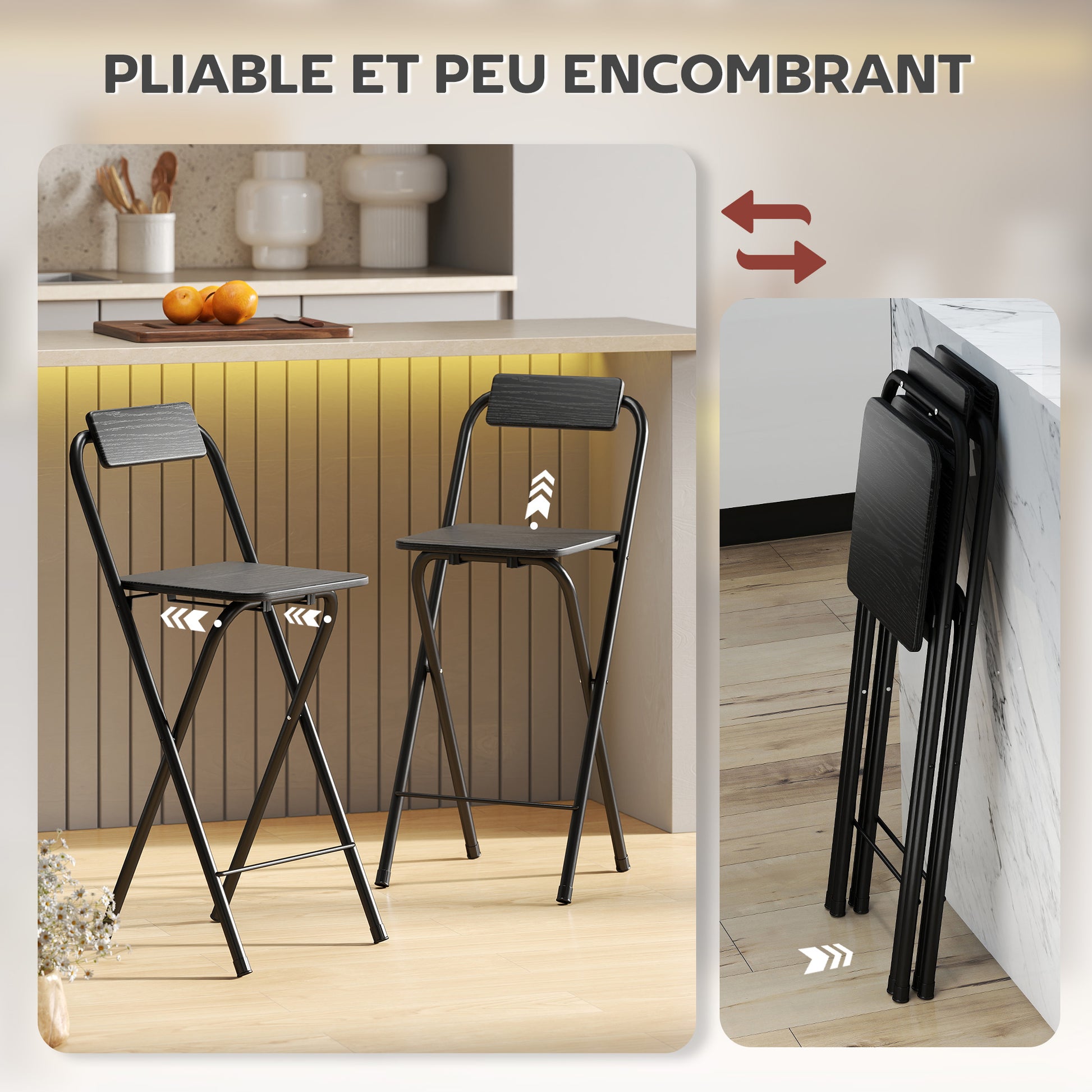 Set of 2 foldable bar stools, bar chairs, high kitchen chairs with backrest and footrest, steel frame, 87 cm high, black