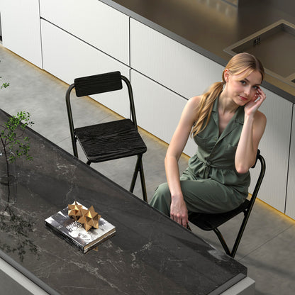 Set of 2 foldable bar stools, bar chairs, high kitchen chairs with backrest and footrest, steel frame, 87 cm high, black