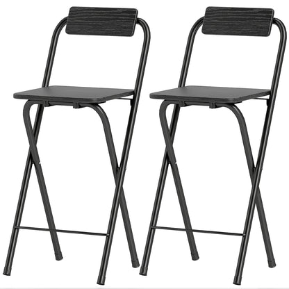 Set of 2 foldable bar stools, bar chairs, high kitchen chairs with backrest and footrest, steel frame, 87 cm high, black