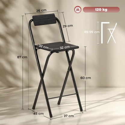 Set of 2 foldable bar stools, bar chairs, high kitchen chairs with backrest and footrest, steel frame, 87 cm high, black