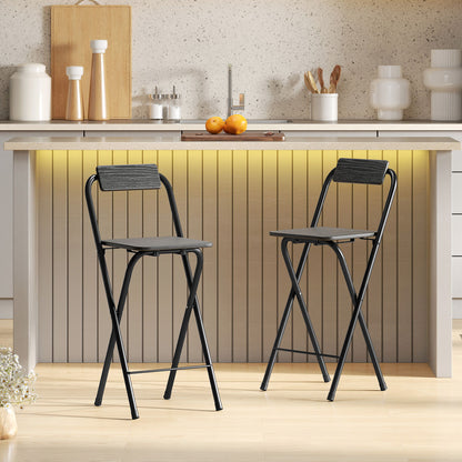 Set of 2 foldable bar stools, bar chairs, high kitchen chairs with backrest and footrest, steel frame, 87 cm high, black