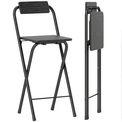Set of 2 foldable bar stools, bar chairs, high kitchen chairs with backrest and footrest, steel frame, 87 cm high, black