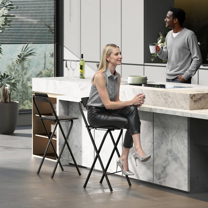 Set of 2 foldable bar stools, bar chairs, high kitchen chairs with backrest and footrest, steel frame, 87 cm high, black