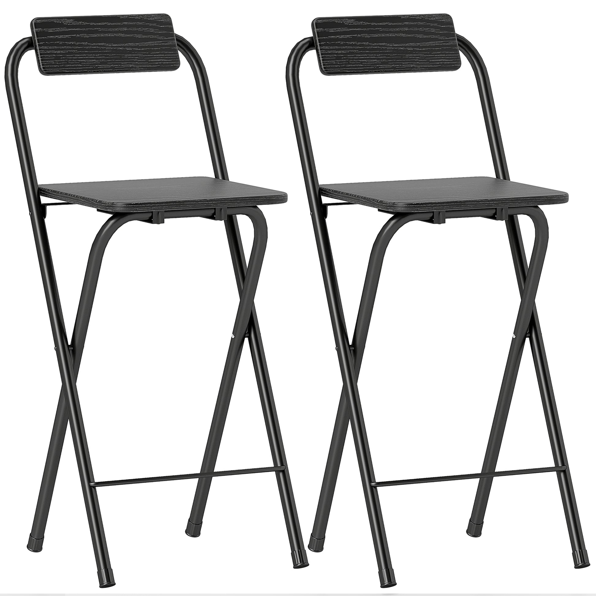 Set of 2 foldable bar stools, bar chairs, high kitchen chairs with backrest and footrest, steel frame, 87 cm high, black