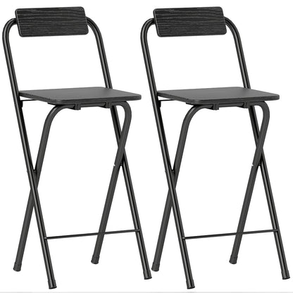 Set of 2 foldable bar stools, bar chairs, high kitchen chairs with backrest and footrest, steel frame, 87 cm high, black
