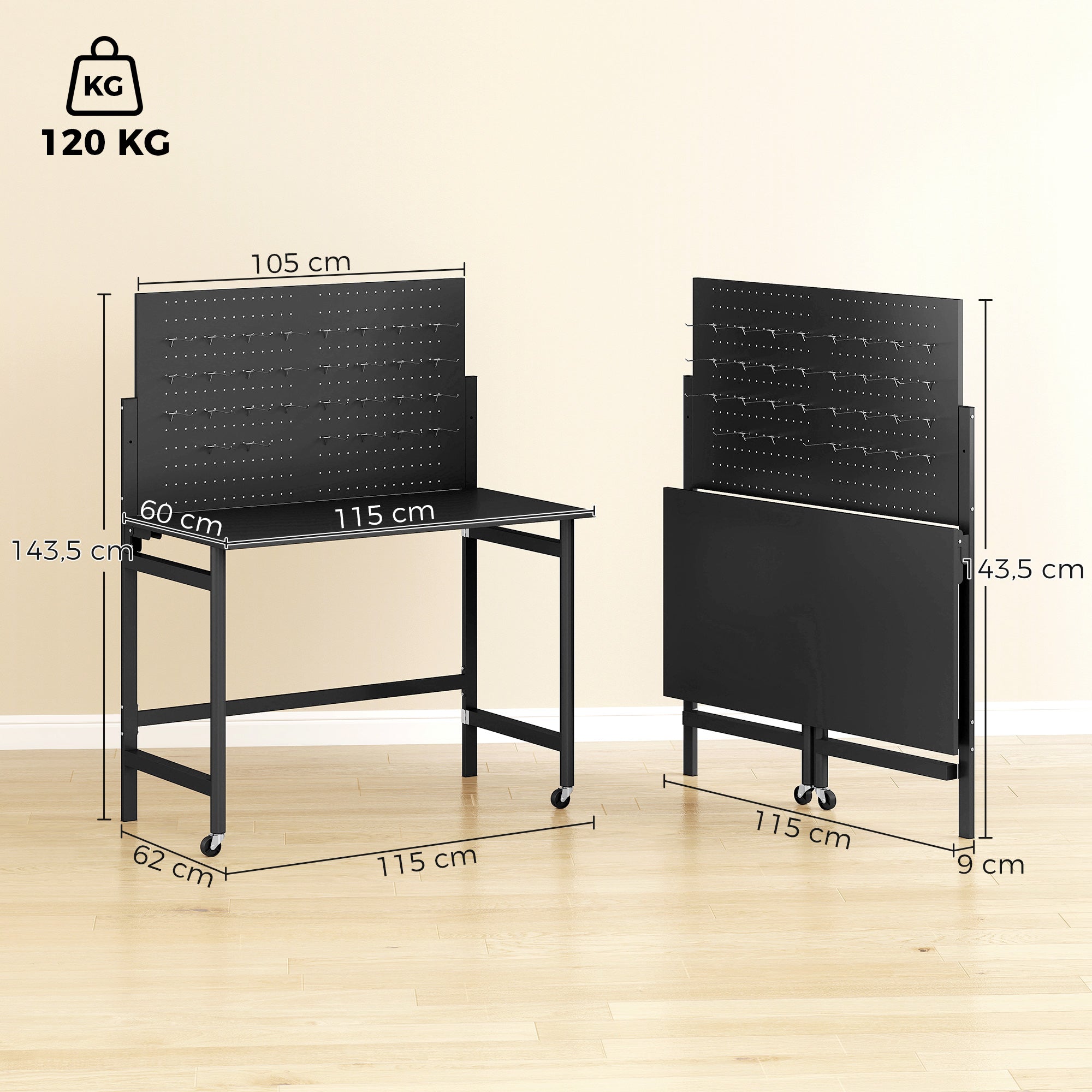 Folding Workshop Workbench on Casters, 45.3 x 24.4 x 56.5 in, Worktop with Pegboard & 12 Hooks, Thick MDF Top, Steel Frame, 265 lb Capacity, Black