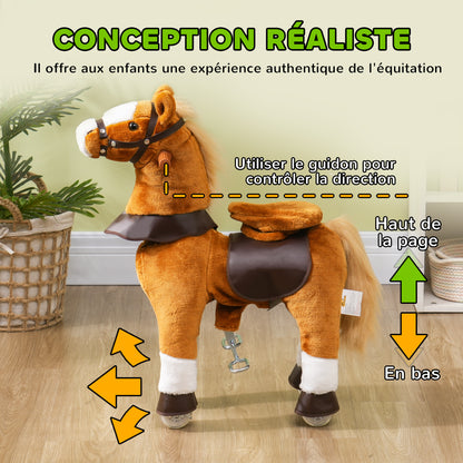 Children's Ride-On Horse, Horse on Wheels, with Raised Saddle, Sound Effect, for Children 3-5 Years Old, Max Load 60 kg, Brown