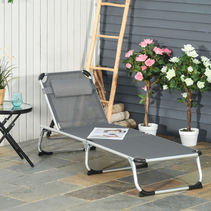 Folding Sun Lounger Garden Lounger with Pillow Recliner with 4 Adjustable Backrest Camping Lounger up to 120 kg Load Capacity for Outdoor Park, Garden, Gray