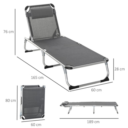 Folding Sun Lounger Garden Lounger with Pillow Recliner with 4 Adjustable Backrest Camping Lounger up to 120 kg Load Capacity for Outdoor Park, Garden, Gray