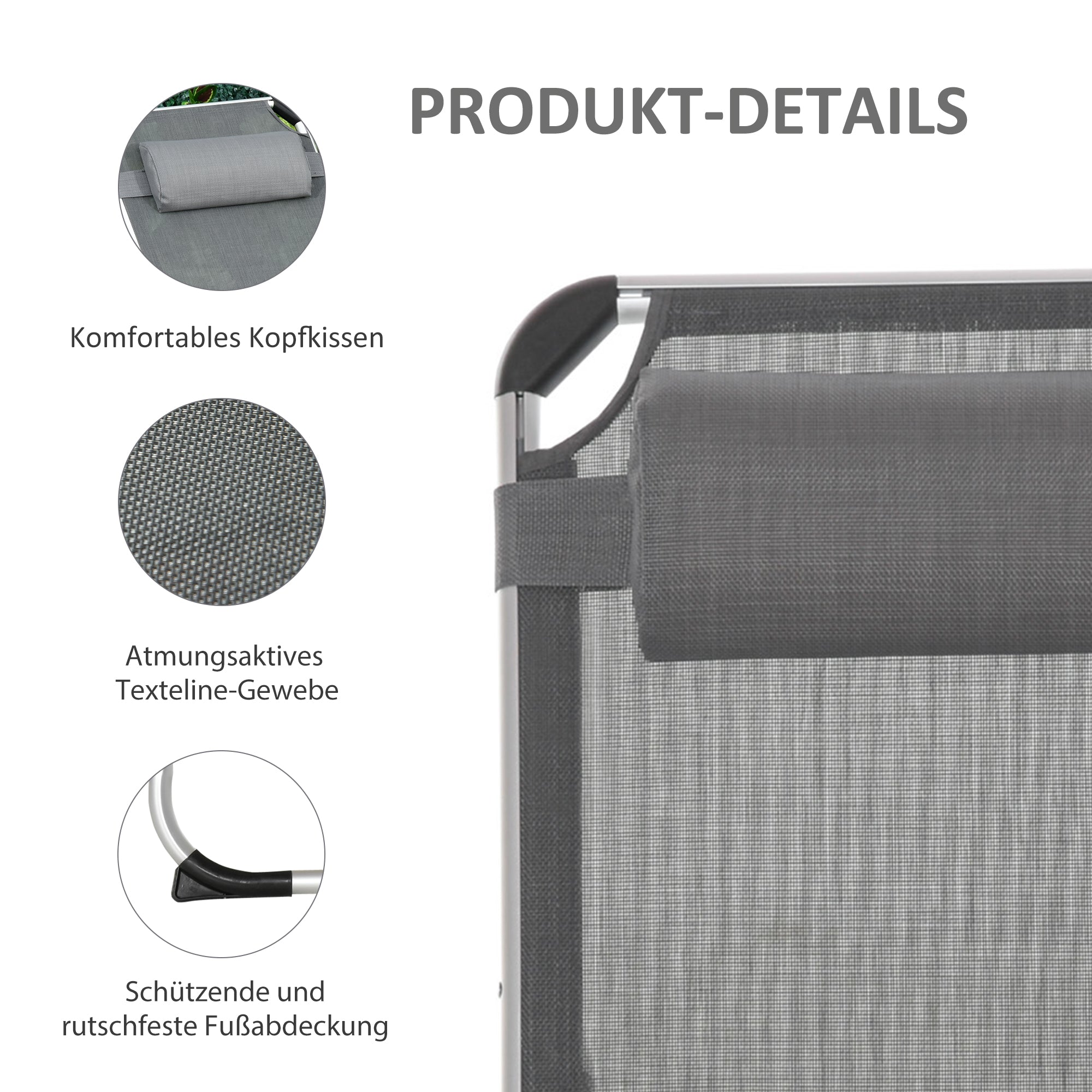 Folding Sun Lounger Garden Lounger with Pillow Recliner with 4 Adjustable Backrest Camping Lounger up to 120 kg Load Capacity for Outdoor Park, Garden, Gray