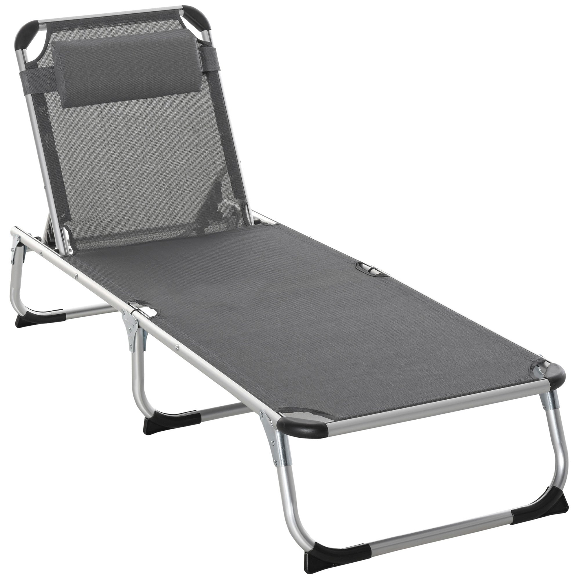 Folding Sun Lounger Garden Lounger with Pillow Recliner with 4 Adjustable Backrest Camping Lounger up to 120 kg Load Capacity for Outdoor Park, Garden, Gray