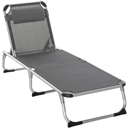 Folding Sun Lounger Garden Lounger with Pillow Recliner with 4 Adjustable Backrest Camping Lounger up to 120 kg Load Capacity for Outdoor Park, Garden, Gray