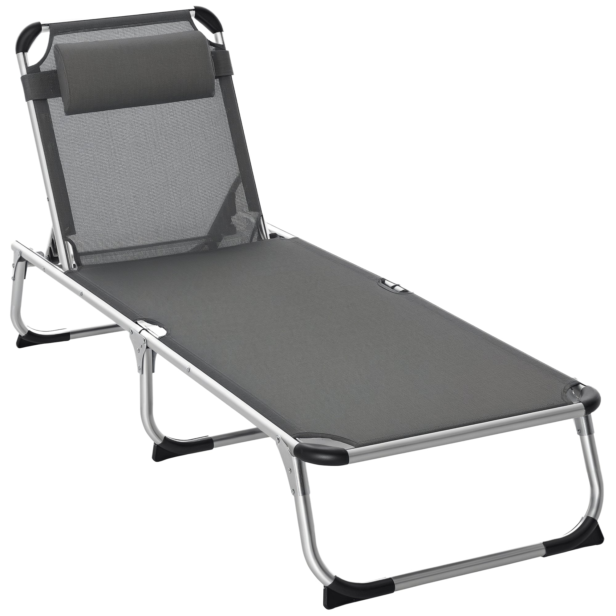 Folding Sun Lounger Garden Lounger with Pillow Recliner with 4 Adjustable Backrest Camping Lounger up to 120 kg Load Capacity for Outdoor Park, Garden, Gray