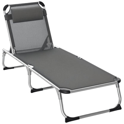 Folding Sun Lounger Garden Lounger with Pillow Recliner with 4 Adjustable Backrest Camping Lounger up to 120 kg Load Capacity for Outdoor Park, Garden, Gray