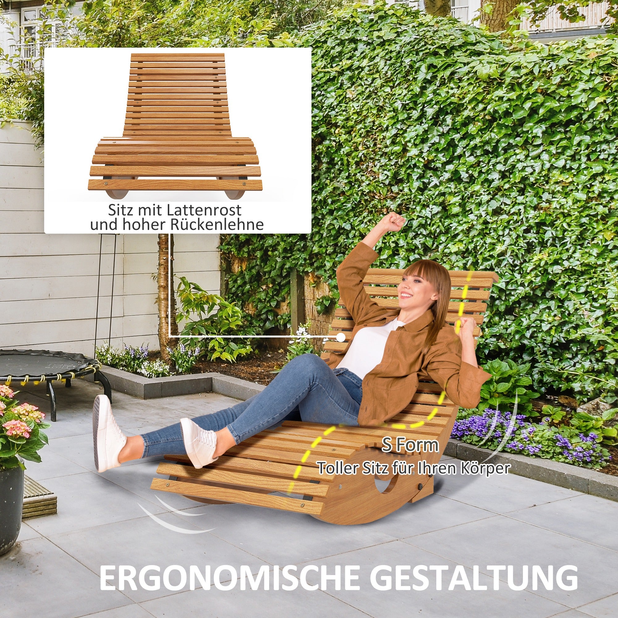 Rocking Chair, Rocking Lounger Wood, Garden Lounger, Ergonomic Swing Chair with S-Shape, Tilt Protection, up to 120 kg Load Capacity for Balcony, Terrace, Teak, 130 x 60 x 60 cm