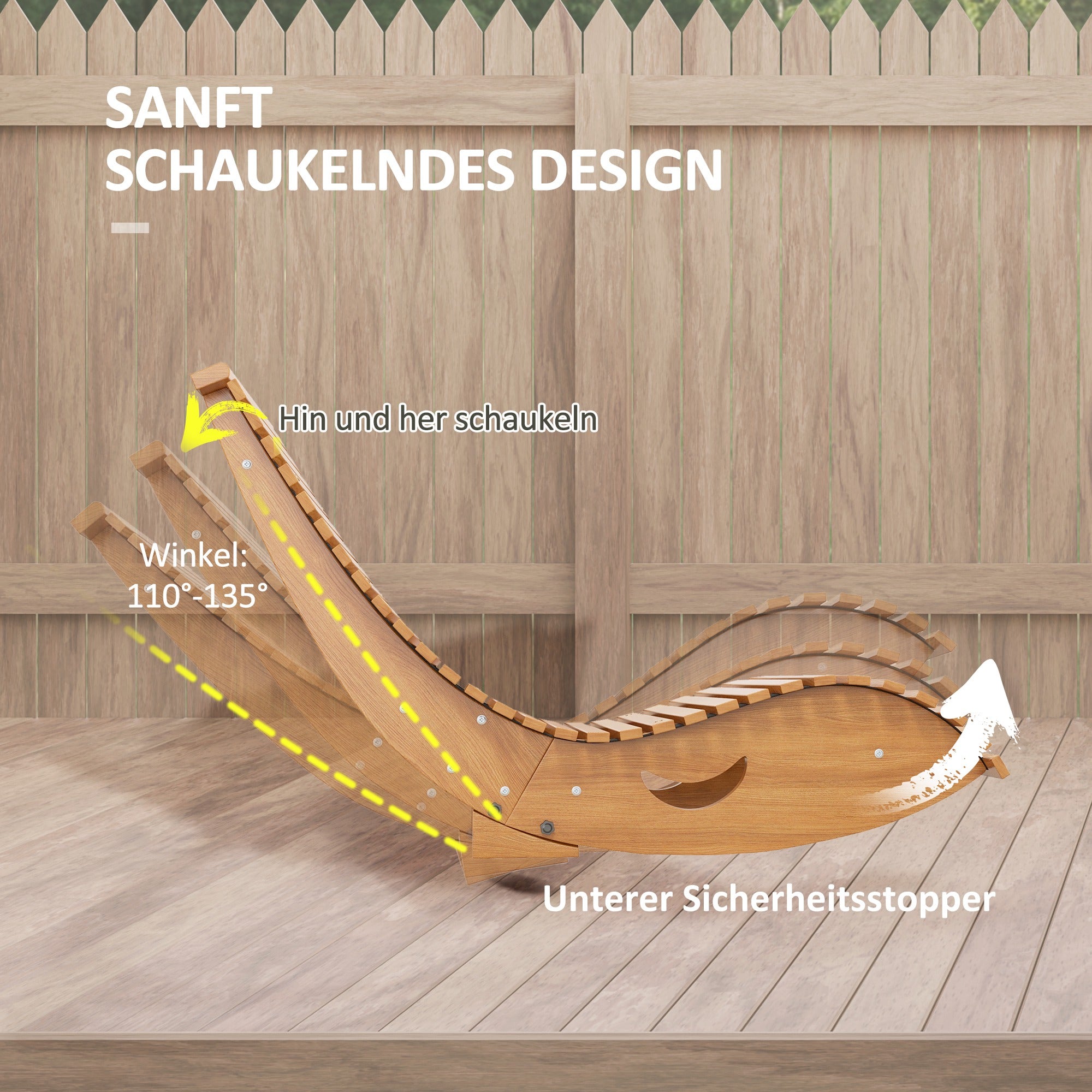 Rocking Chair, Rocking Lounger Wood, Garden Lounger, Ergonomic Swing Chair with S-Shape, Tilt Protection, up to 120 kg Load Capacity for Balcony, Terrace, Teak, 130 x 60 x 60 cm