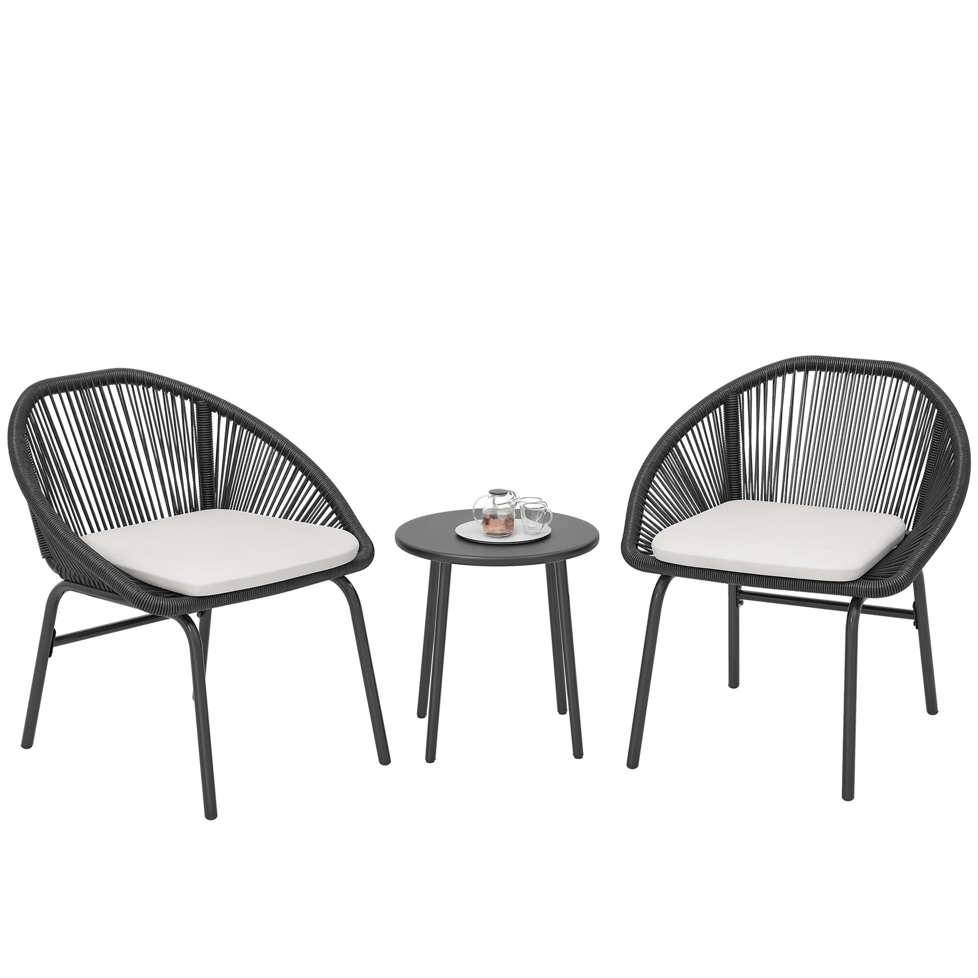 3-piece garden set for 2 people with soft seat cushions with black resin wicker and epoxy steel