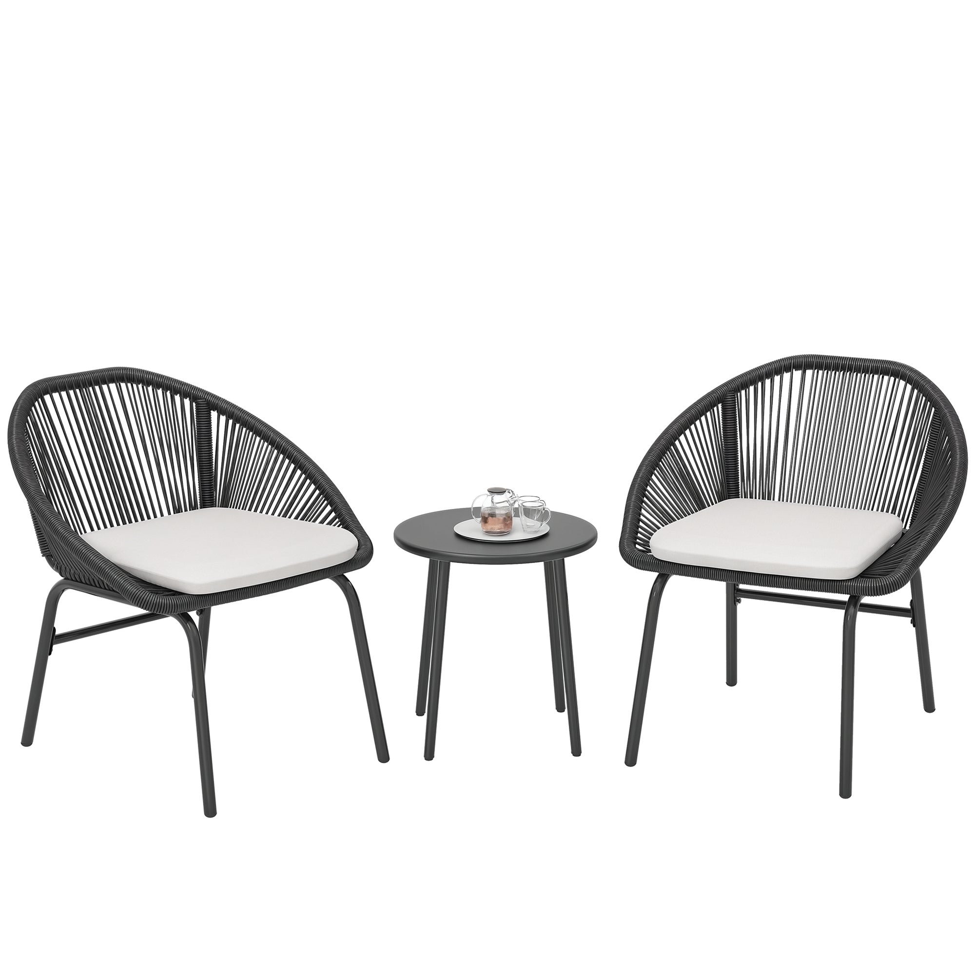 3-piece garden set for 2 people with soft seat cushions with black resin wicker and epoxy steel