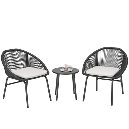 3-piece garden set for 2 people with soft seat cushions with black resin wicker and epoxy steel