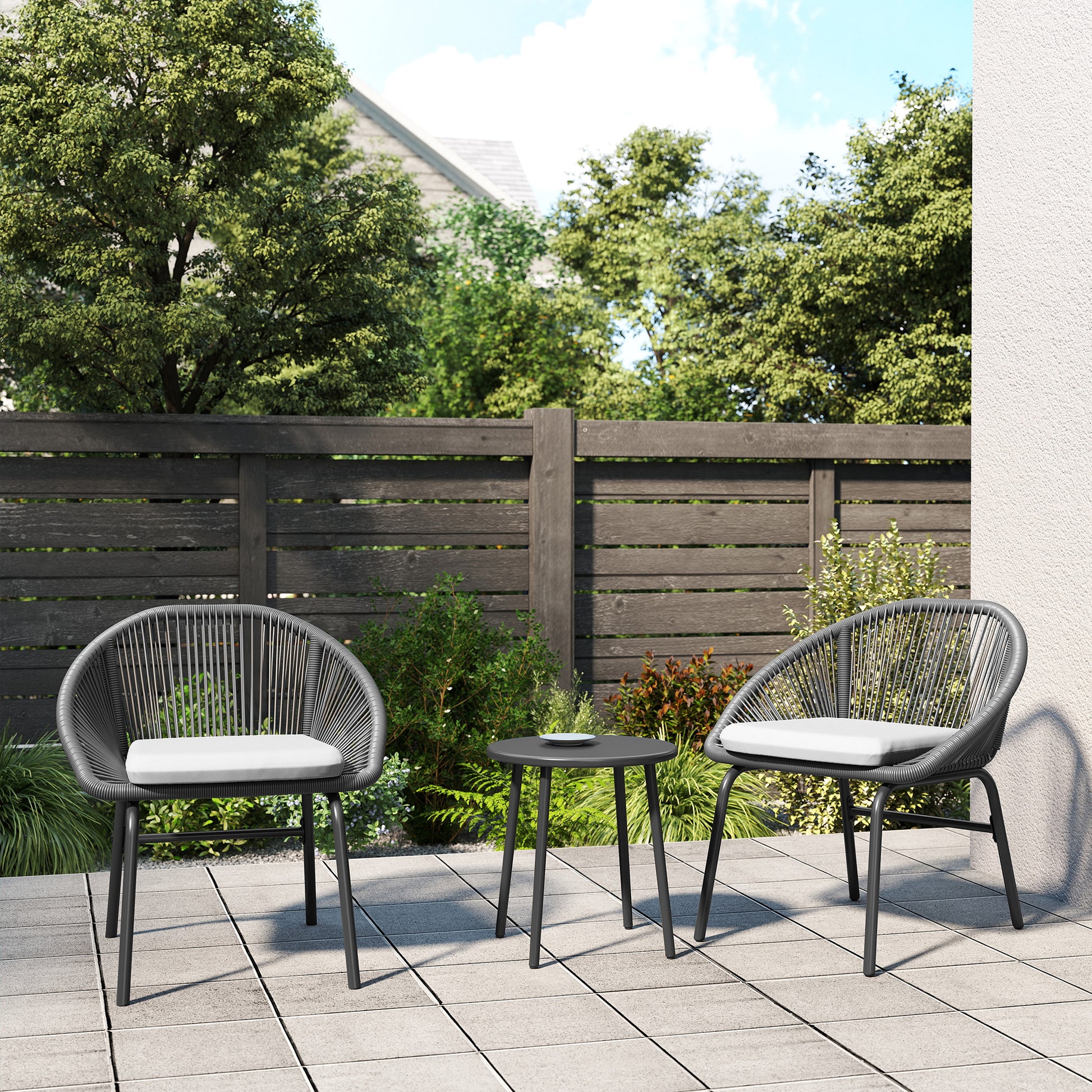 3-piece garden set for 2 people with soft seat cushions with black resin wicker and epoxy steel