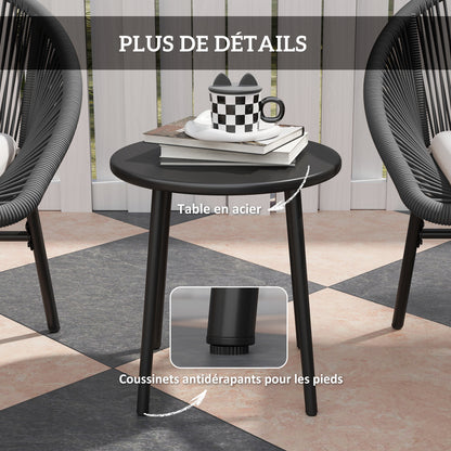 3-piece garden set for 2 people with soft seat cushions with black resin wicker and epoxy steel