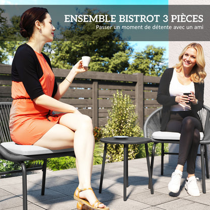 3-piece garden set for 2 people with soft seat cushions with black resin wicker and epoxy steel