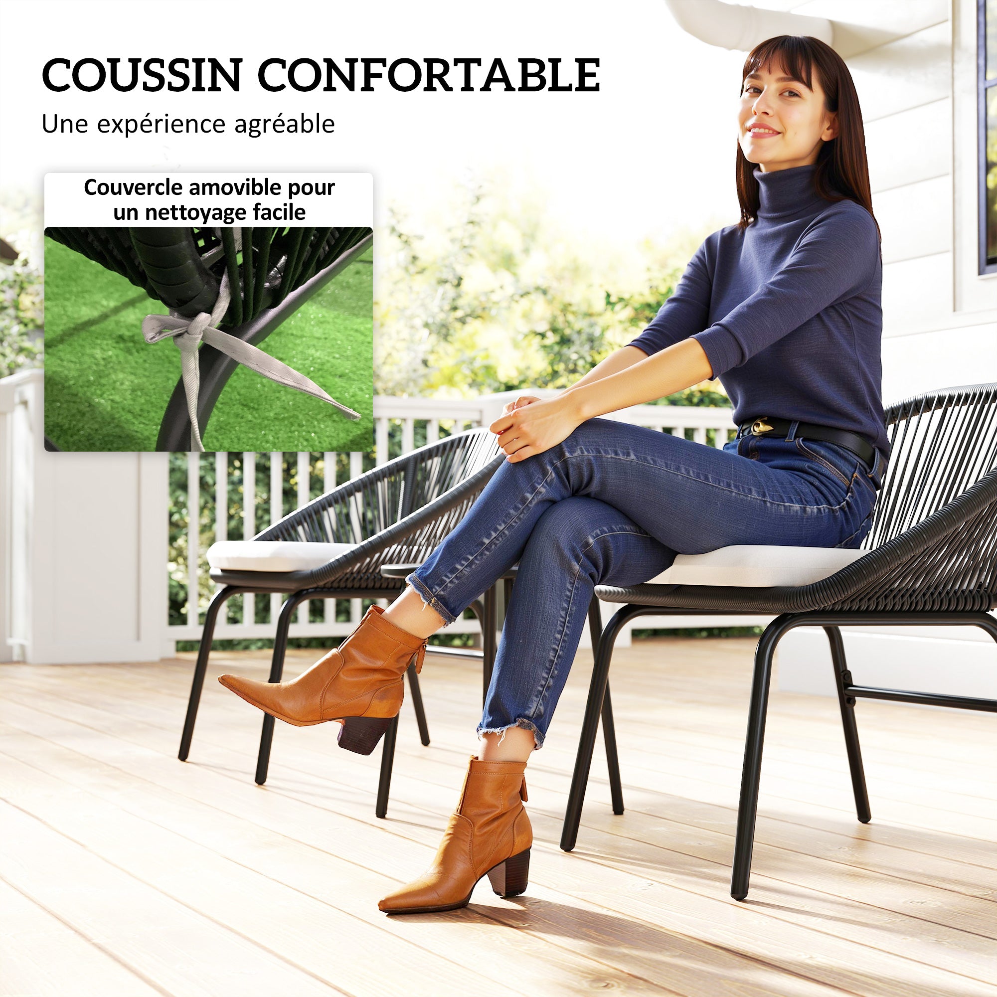 3-piece garden set for 2 people with soft seat cushions with black resin wicker and epoxy steel