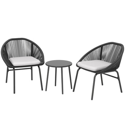 3-piece garden set for 2 people with soft seat cushions with black resin wicker and epoxy steel