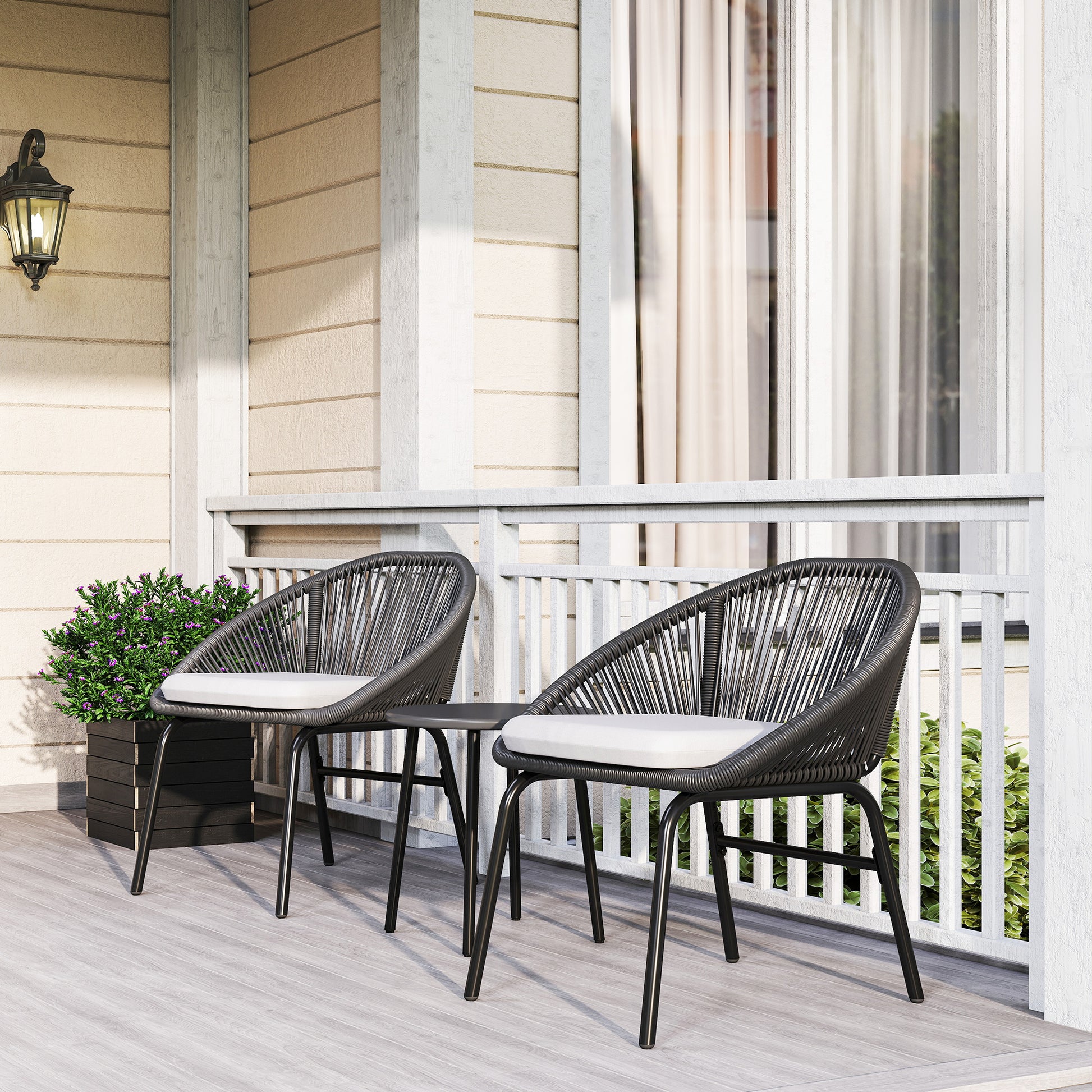 3-piece garden set for 2 people with soft seat cushions with black resin wicker and epoxy steel