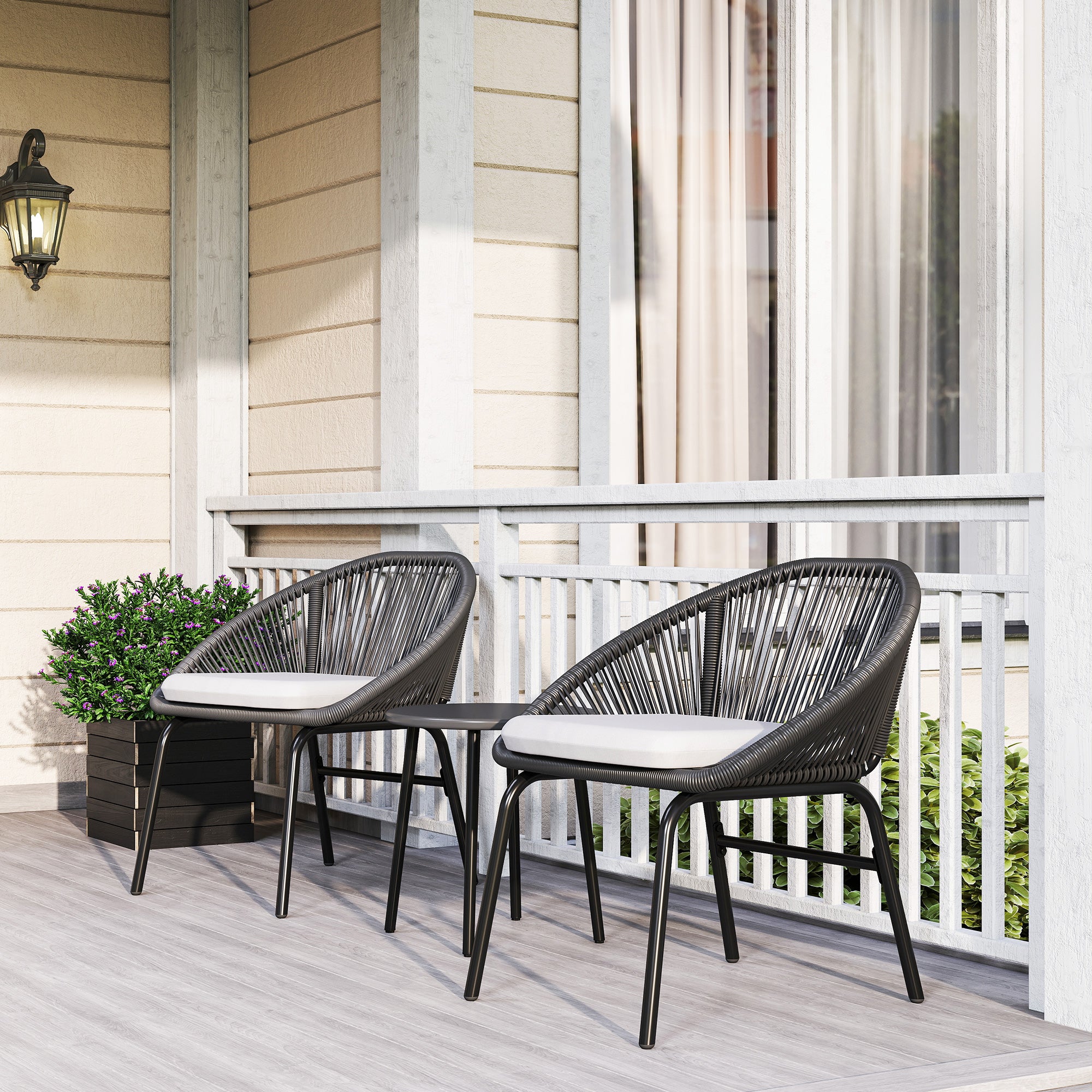 3-piece garden set for 2 people with soft seat cushions with black resin wicker and epoxy steel