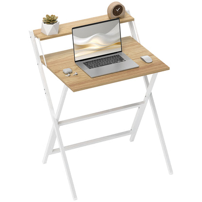 Foldable Computer Desk 25.8 x 17.7 in with Storage Shelf — Compact Writing Desk for Bedrooms & Small Spaces, Natural Wood