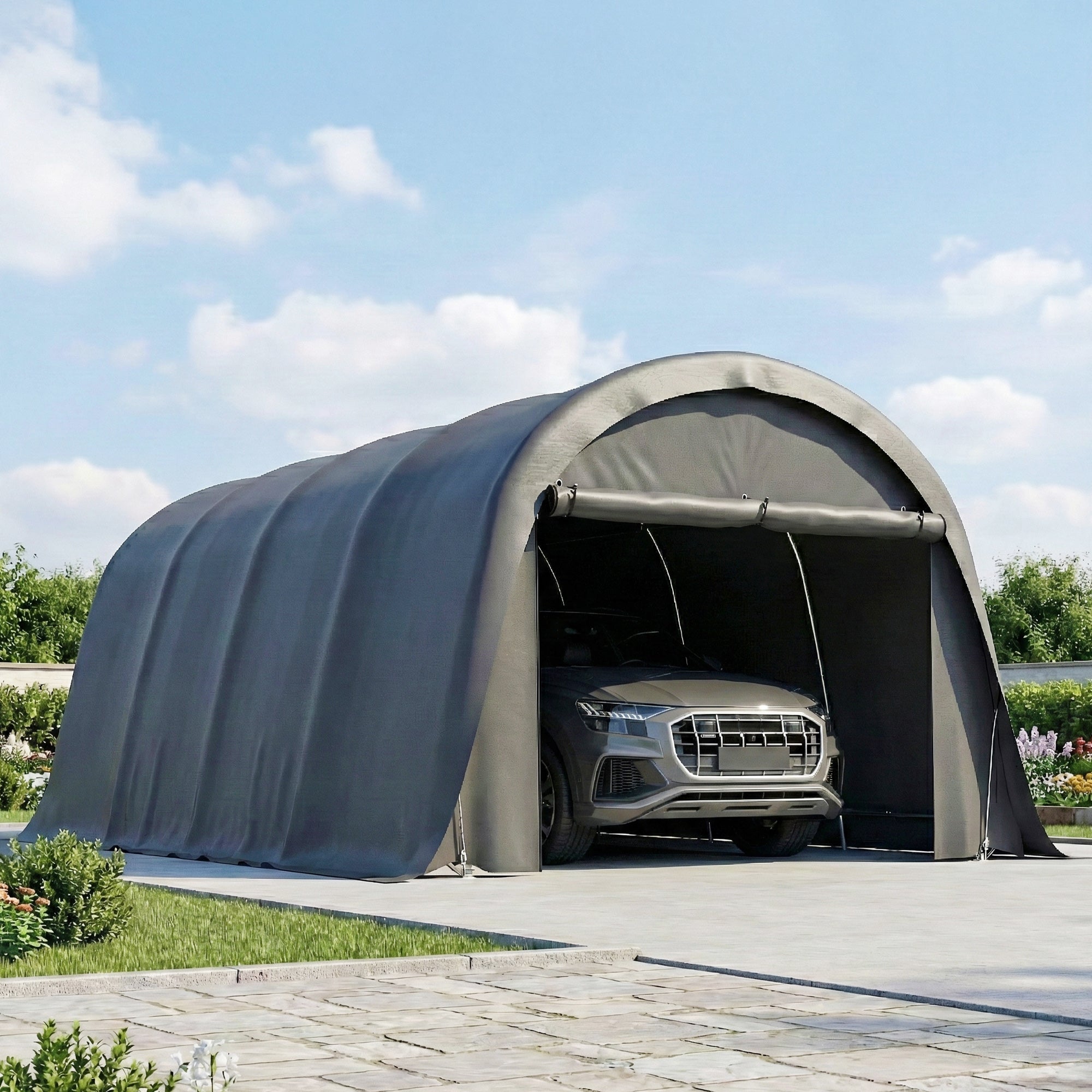 3 x 6 m Carport Garage Tent – Waterproof Storage Shelter with Removable Sidewalls, Large Roll-Up Zipper Door, Curved Roof, UPF50+, Winterproof, UV-Resistant — Dark Gray