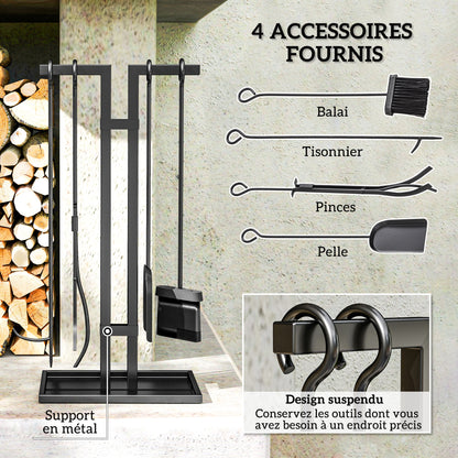 5-Piece Fireplace Companion Set, Fireplace Tool Set, Metal Fireplace Accessories, with Broom, Shovel, Tongs, Poker, and Stand, Black