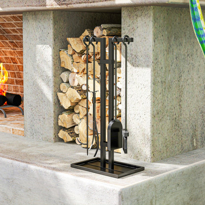 5-Piece Fireplace Companion Set, Fireplace Tool Set, Metal Fireplace Accessories, with Broom, Shovel, Tongs, Poker, and Stand, Black