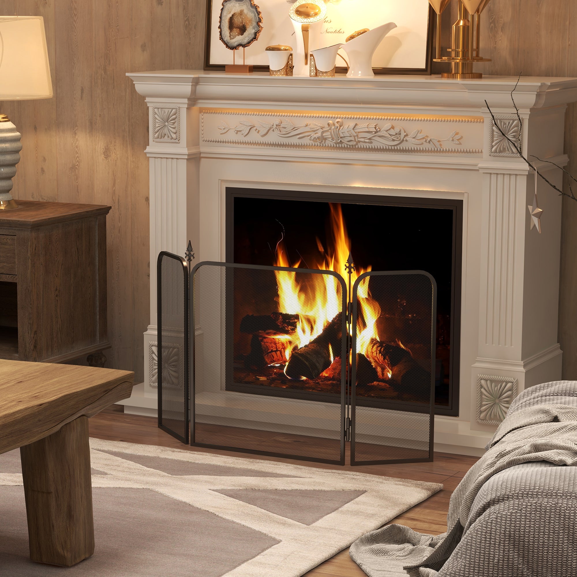 Fireplace Guard, Foldable Fireguard with 3 Panels, Spark Protection Screen for Living Room, Bedroom, Metal, 96 x 56 cm, Black