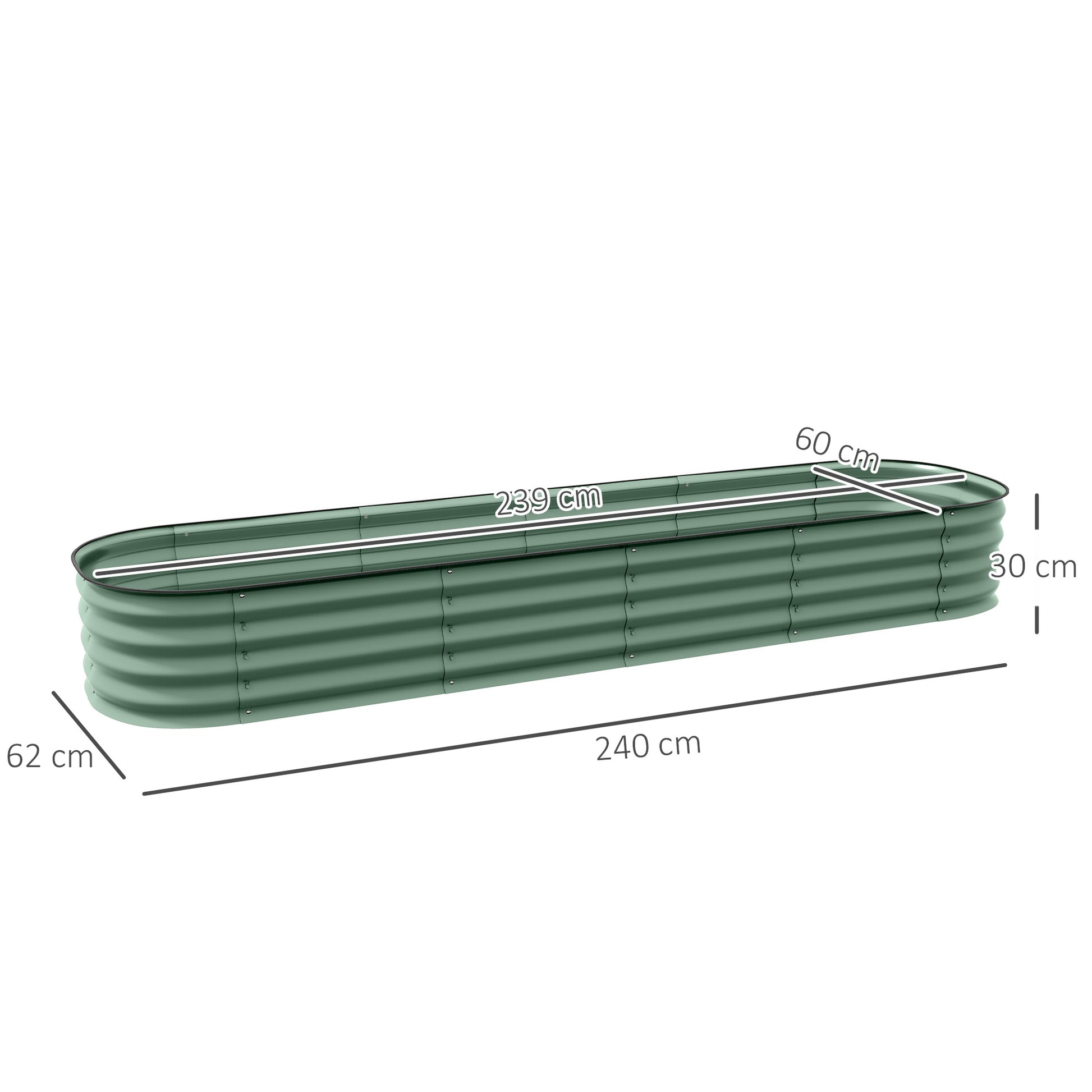 Raised Square Garden Planter Box in Modular Steel for Vegetables, Plants, Flowers, dim. 240 x 62 x 30 cm, Green